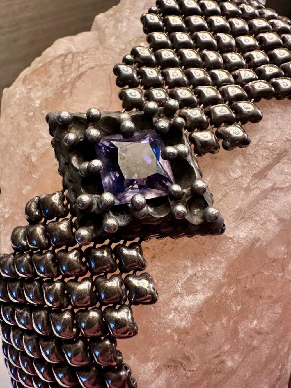 Silver-Tone Liquid Metal Bracelet with purple Accent Stone